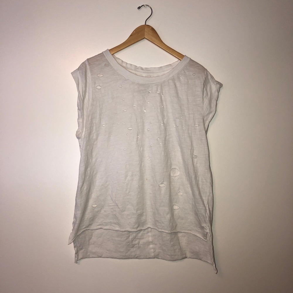 Free People Distressed Hi-Low White T-Shirt